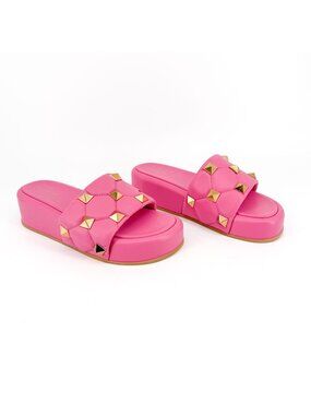 Valentino Roman Stud Platform Slide Sandals Pink Leather Size 39 US 9 Women's